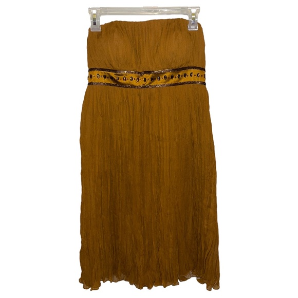 BCBG Paris Dresses & Skirts - BCBG Paris Strapless Silk Mustard Semi Formal Bohemian Crepe Jeweled Mini Dress